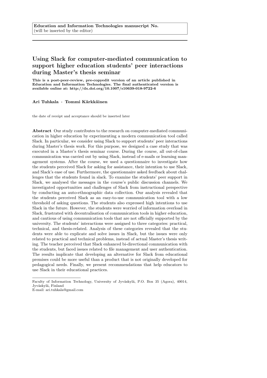 PDF) Using Slack for computer-mediated communication to support higher  education students' peer interactions during Master's thesis seminar