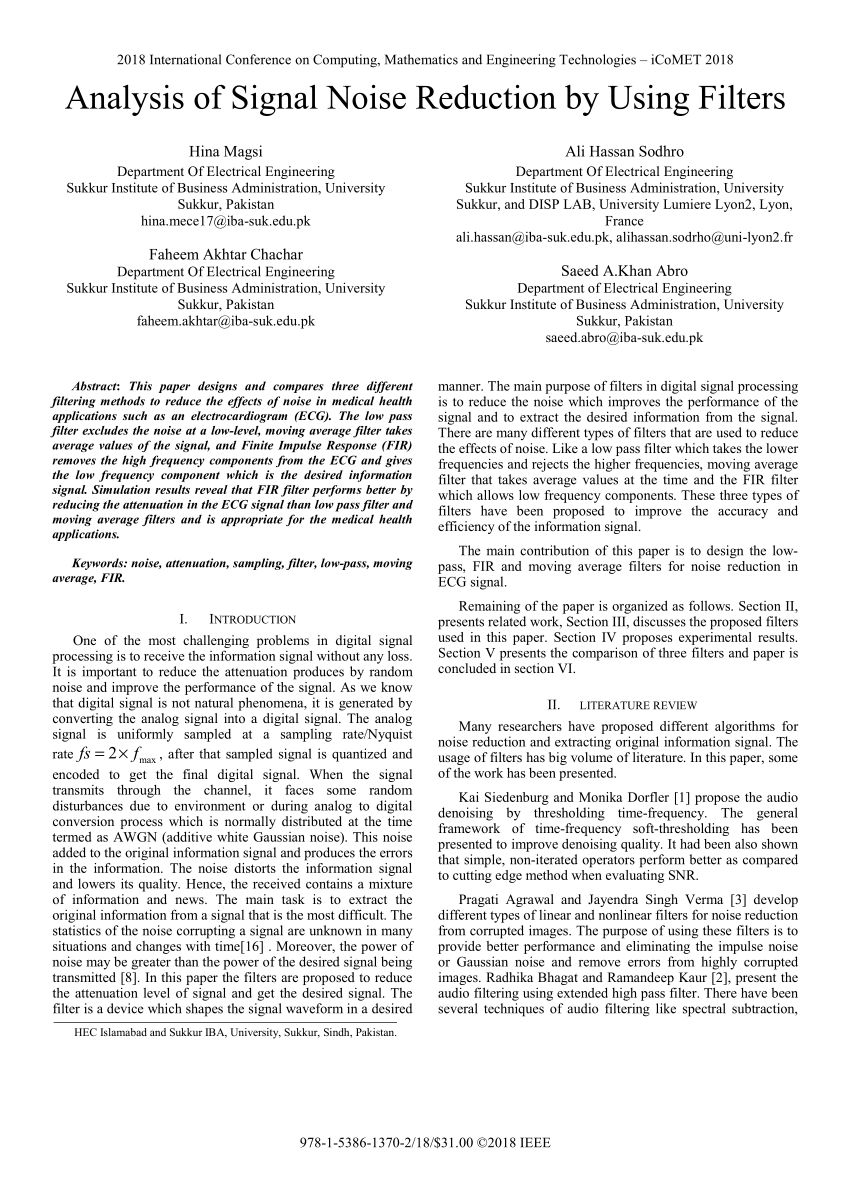 (PDF) Analysis of signal noise reduction by using filters