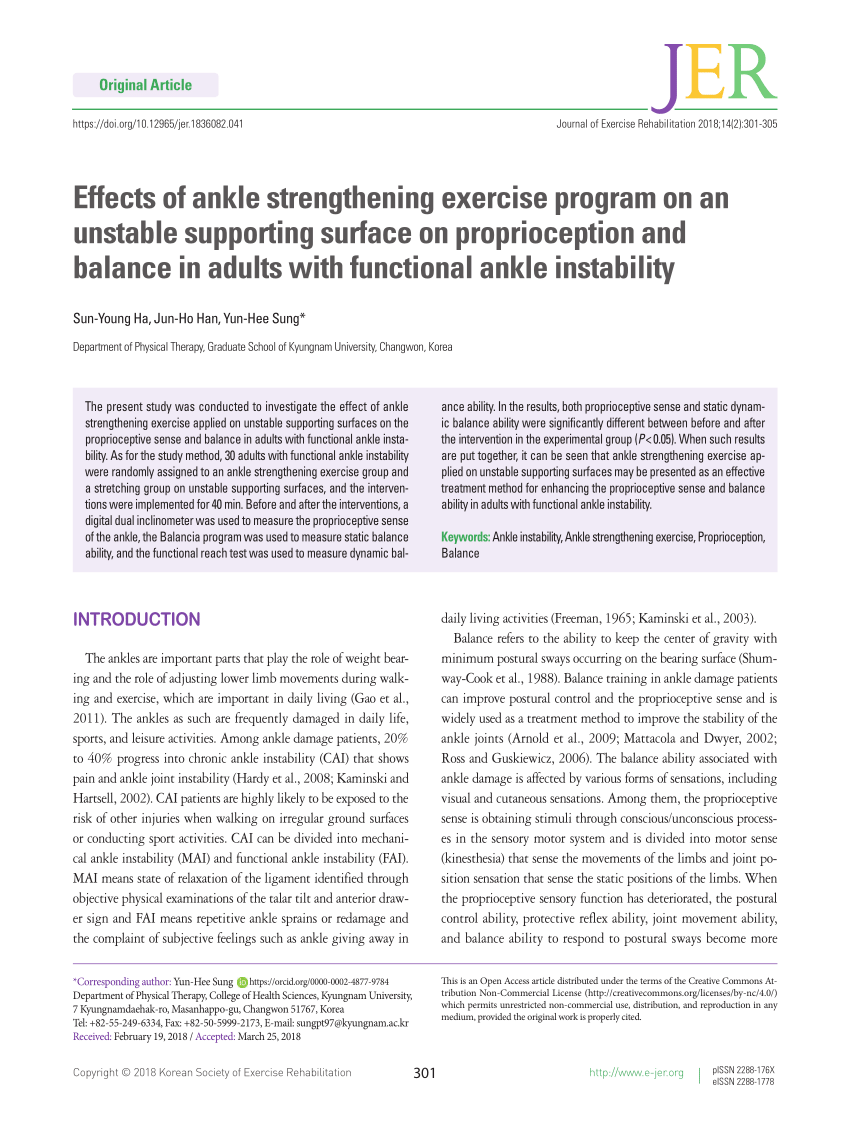 Pdf Effects Of Ankle Strengthening Exercise Program On An Unstable Supporting Surface On Proprioception And Balance In Adults With Functional Ankle Instability