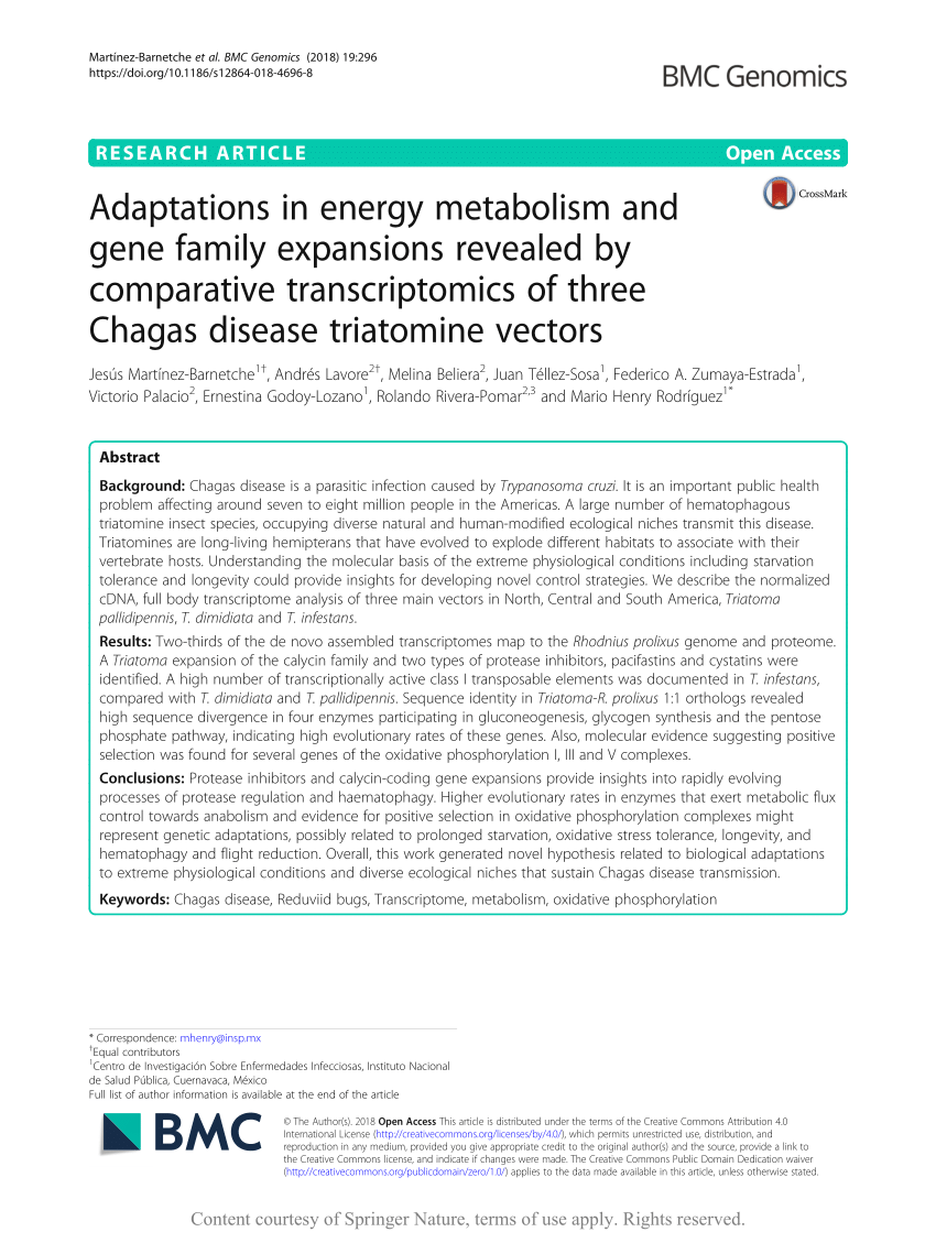 Pdf Adaptations In Energy Metabolism And Gene Family Expansions Revealed By Comparative Transcriptomics Of Three Chagas Disease Triatomine Vectors