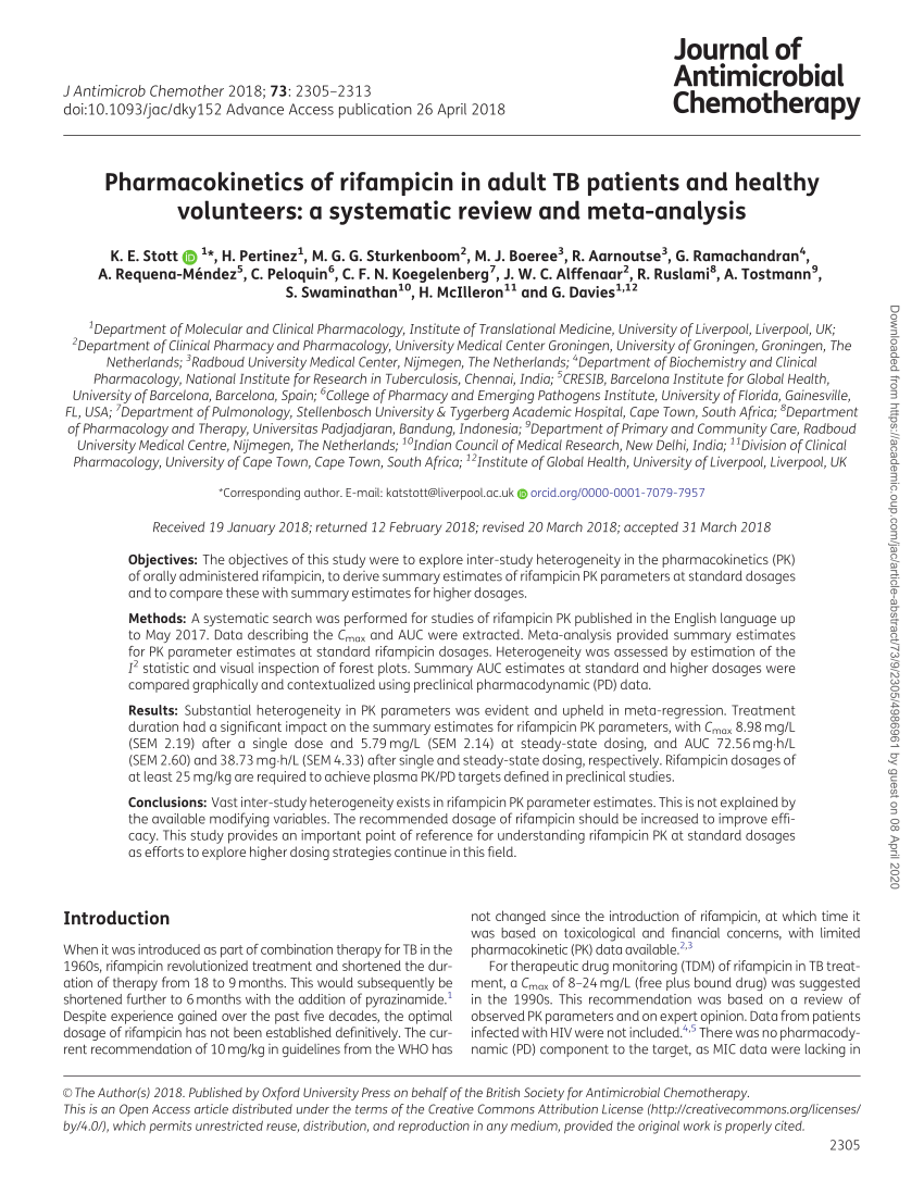 Pdf Pharmacokinetics Of Rifampicin In Adult Tb Patients And Healthy Volunteers A Systematic Review And Meta Analysis