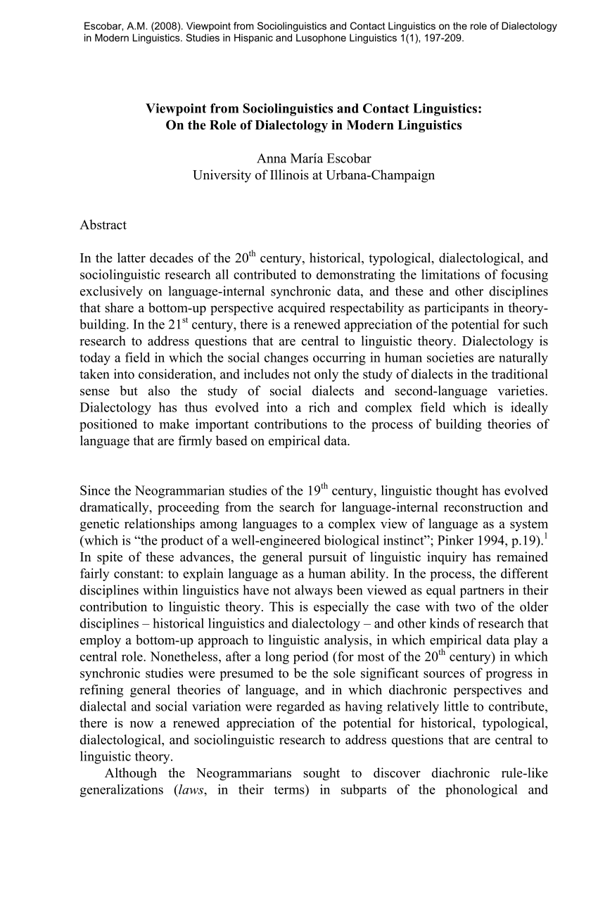 Pdf Viewpoint From Sociolinguistics And Contact Linguistics On The Role Of Dialectology In Modern Linguistics