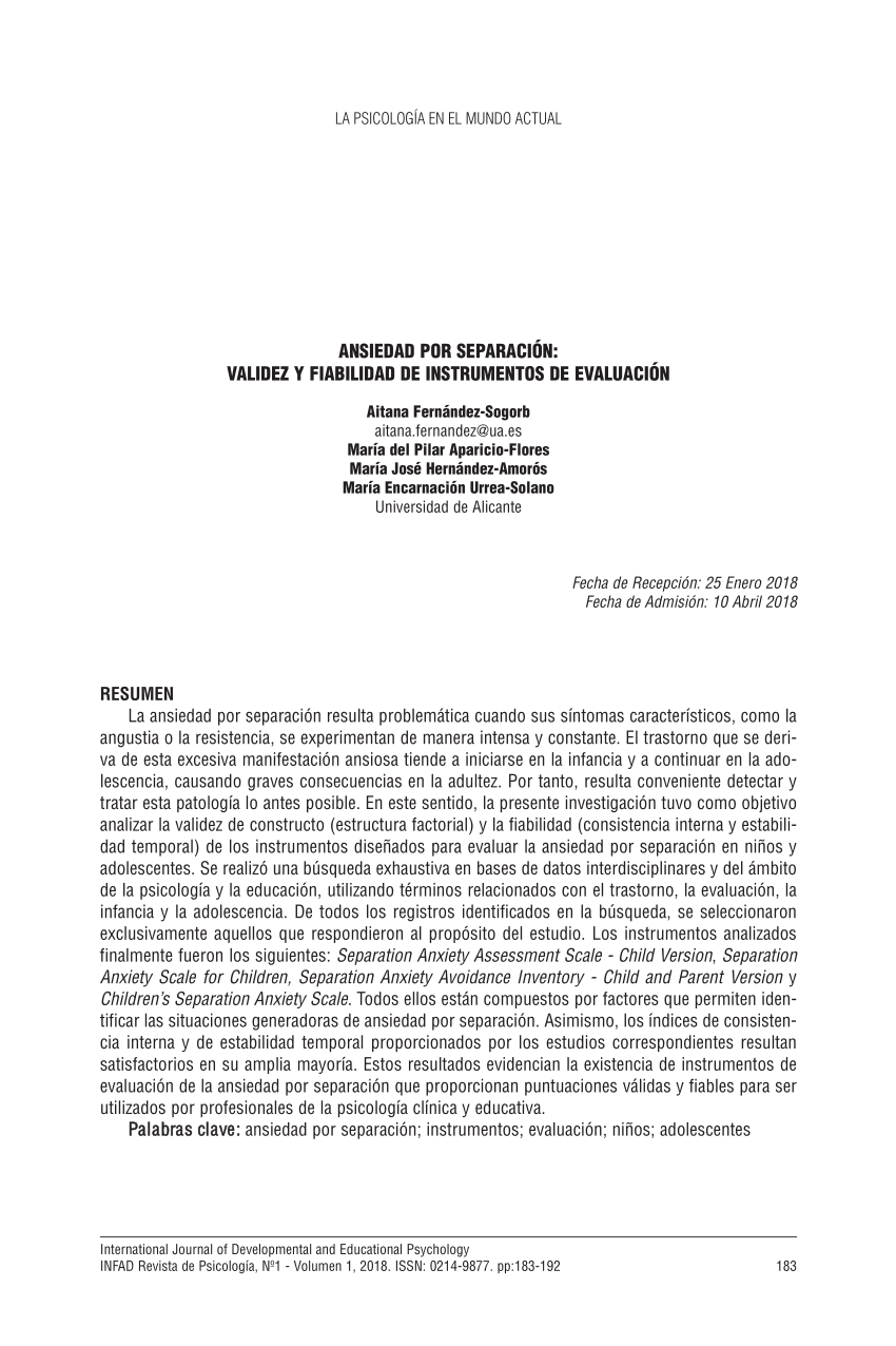 (PDF) Ansiedad por separación: validez y fiabilidad de instrumentos de ...