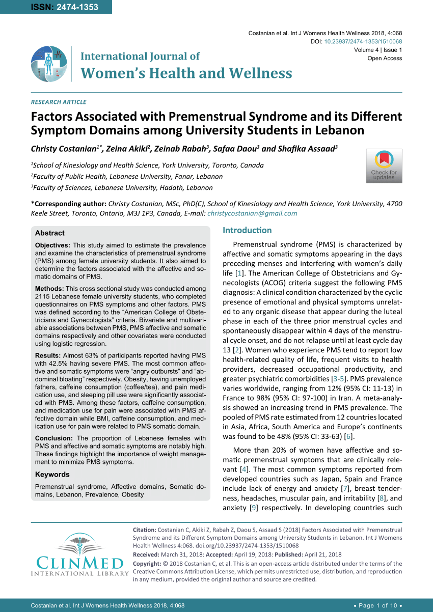 PDF) Factors Associated with Premenstrual Syndrome and its Different  Symptom Domains among University Students in Lebanon