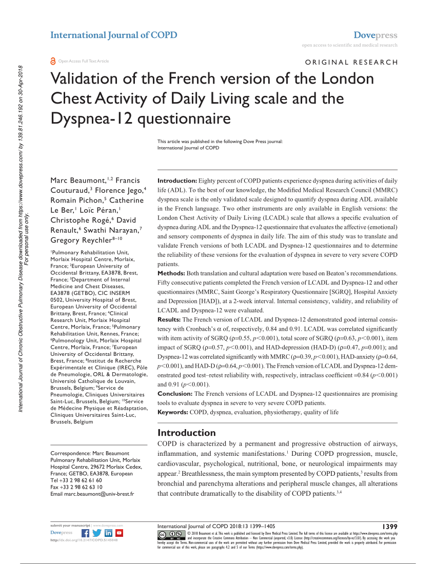PDF) Validação da versão em português da escala London Chest Activity of  Daily Living (LCADL) em doentes com doença pulmonar obstrutiva crónica
