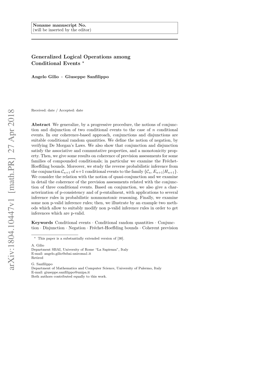 (PDF) Generalized Logical Operations among Conditional Events