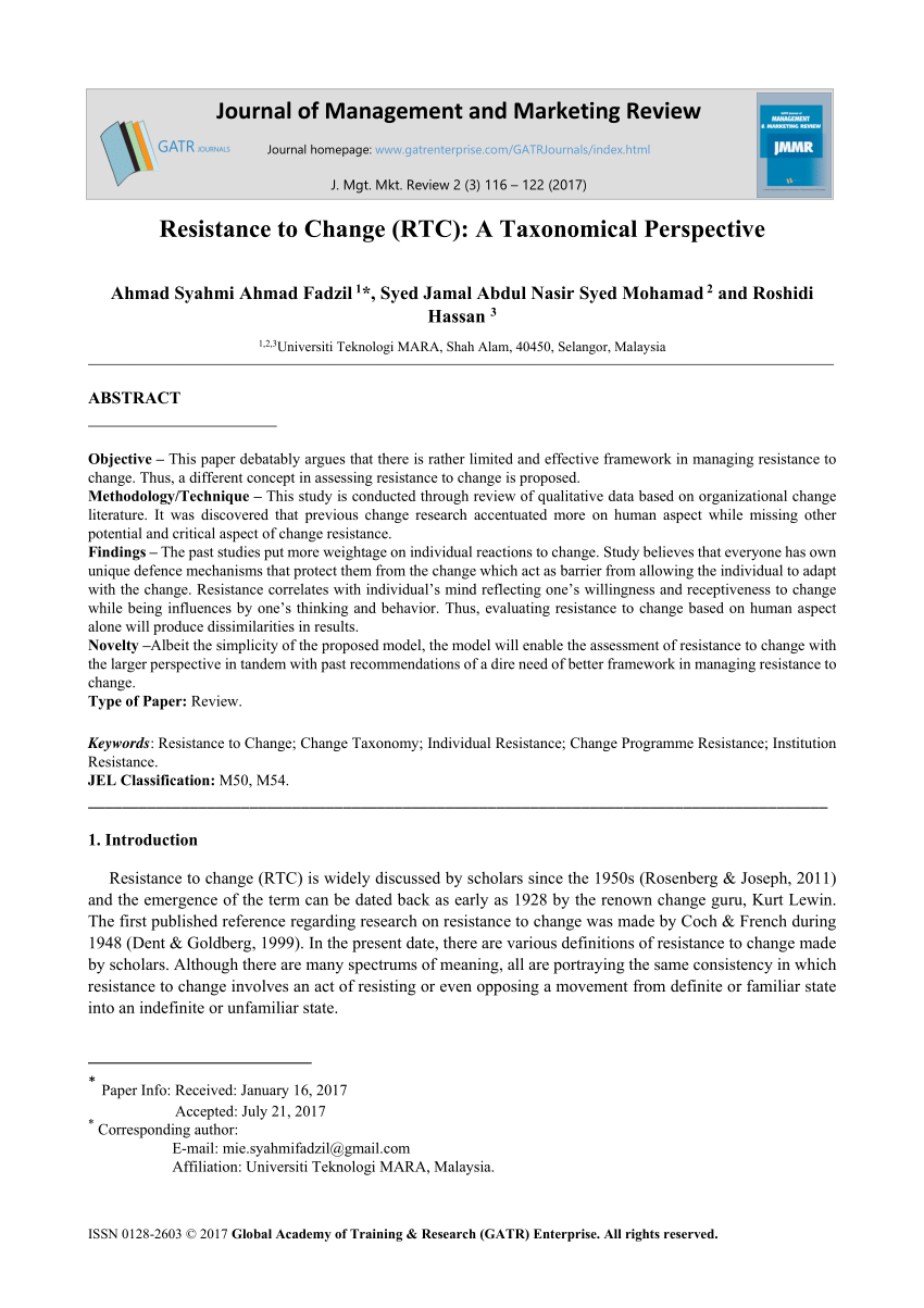 Pdf Resistance To Change Rtc A Taxonomical Perspective