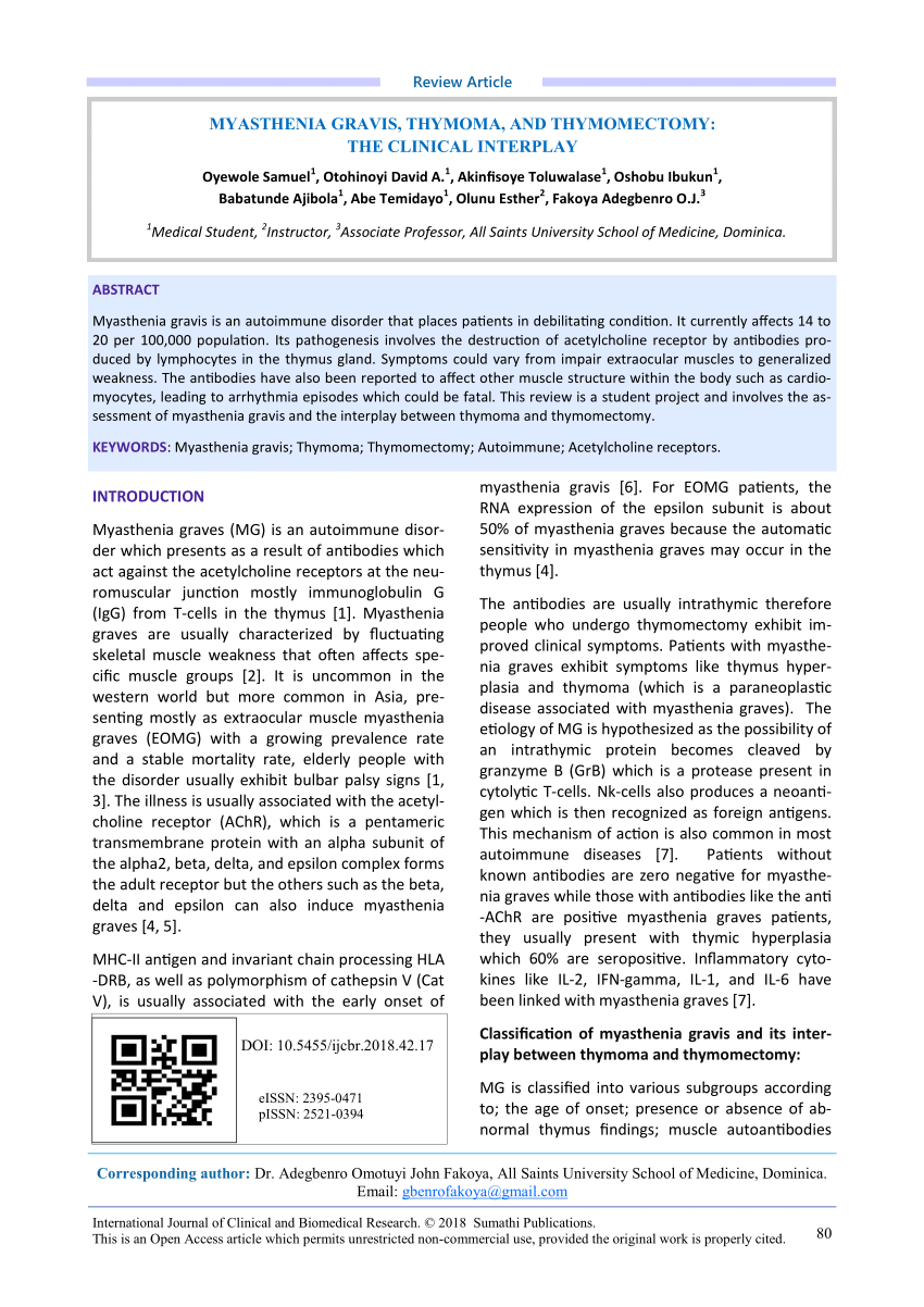 PDF) Myasthenia Gravis, Thymoma, and Thymectomy: The Clinical Interplay