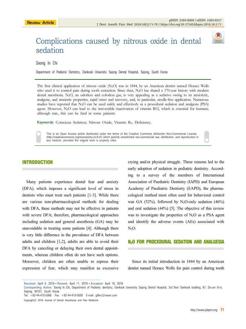 (PDF) Complications caused by nitrous oxide in dental sedation