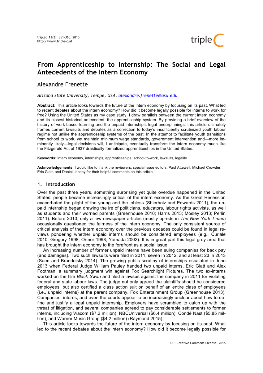 Pdf From Apprenticeship To Internship The Social And Legal Antecedents Of The Intern Economy
