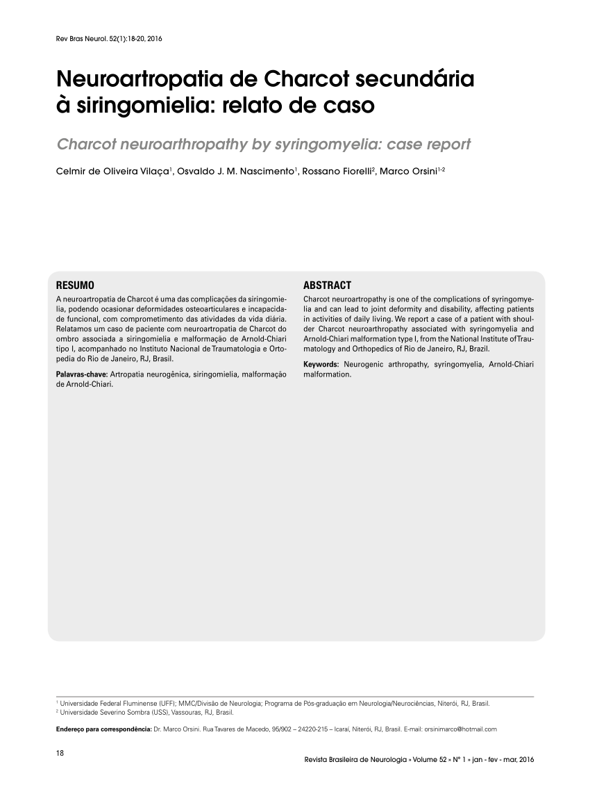 Pdf Neuroartropatia De Charcot Secundaria A Siringomielia Relato De Caso Charcot Neuroarthropathy By Syringomyelia Case Report