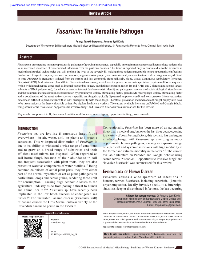 Pdf Fusarium The Versatile Pathogen