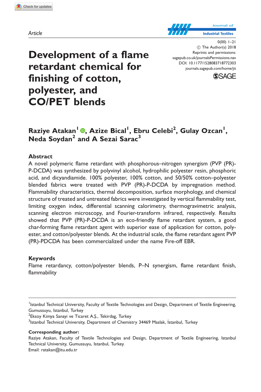 PDF) Development of a flame retardant chemical for finishing of cotton,  polyester, and CO/PET blends