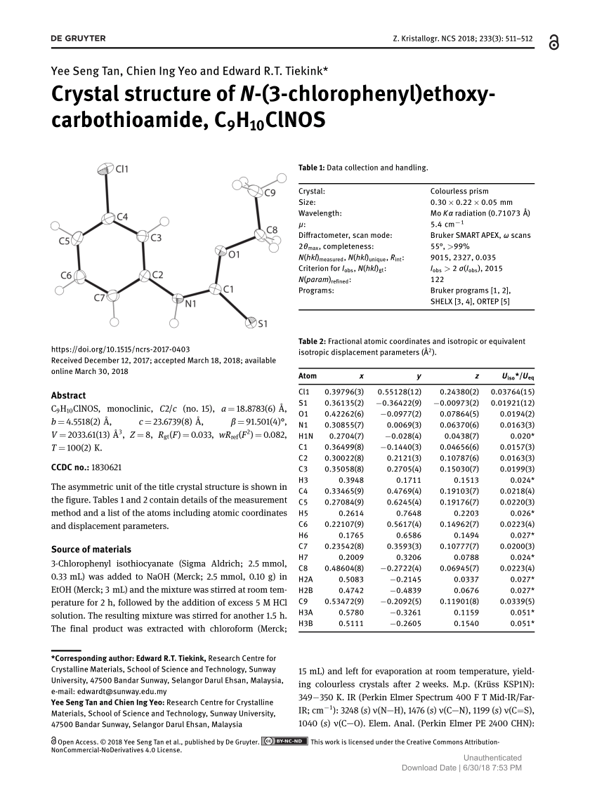 Pdf Crystal Structure Of N 3 Chlorophenyl Ethoxycarbothioamide C9h10clnos
