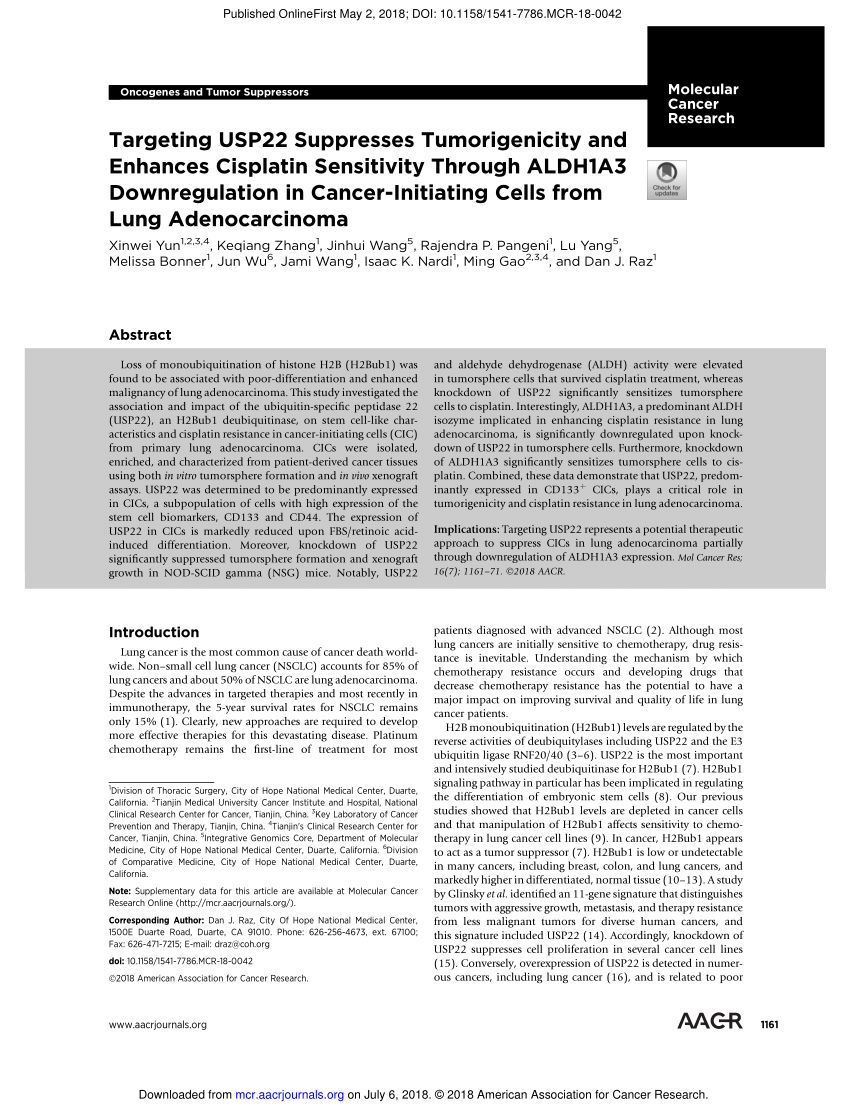 Pdf Targeting Usp22 Suppresses Tumorigenicity And Enhances Cisplatin Sensitivity Through