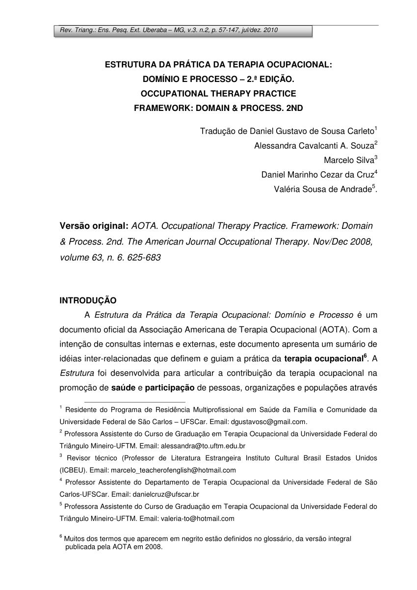 PDF) ESTRUTURA DA PRÁTICA DA TERAPIA OCUPACIONAL: DOMÍNIO E PROCESSO – 2.ª  EDIÇÃO. OCCUPATIONAL THERAPY PRACTICE FRAMEWORK: DOMAIN & PROCESS. 2ND