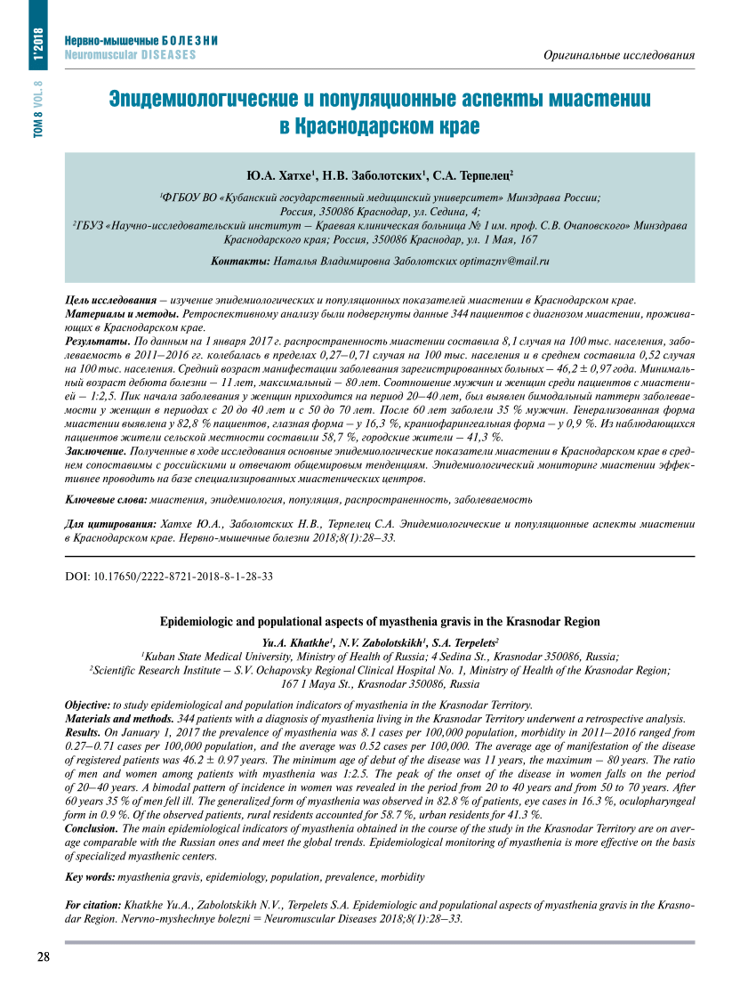 PDF) Epidemiologic and populational aspects of myasthenia gravis in the  Krasnodar Region