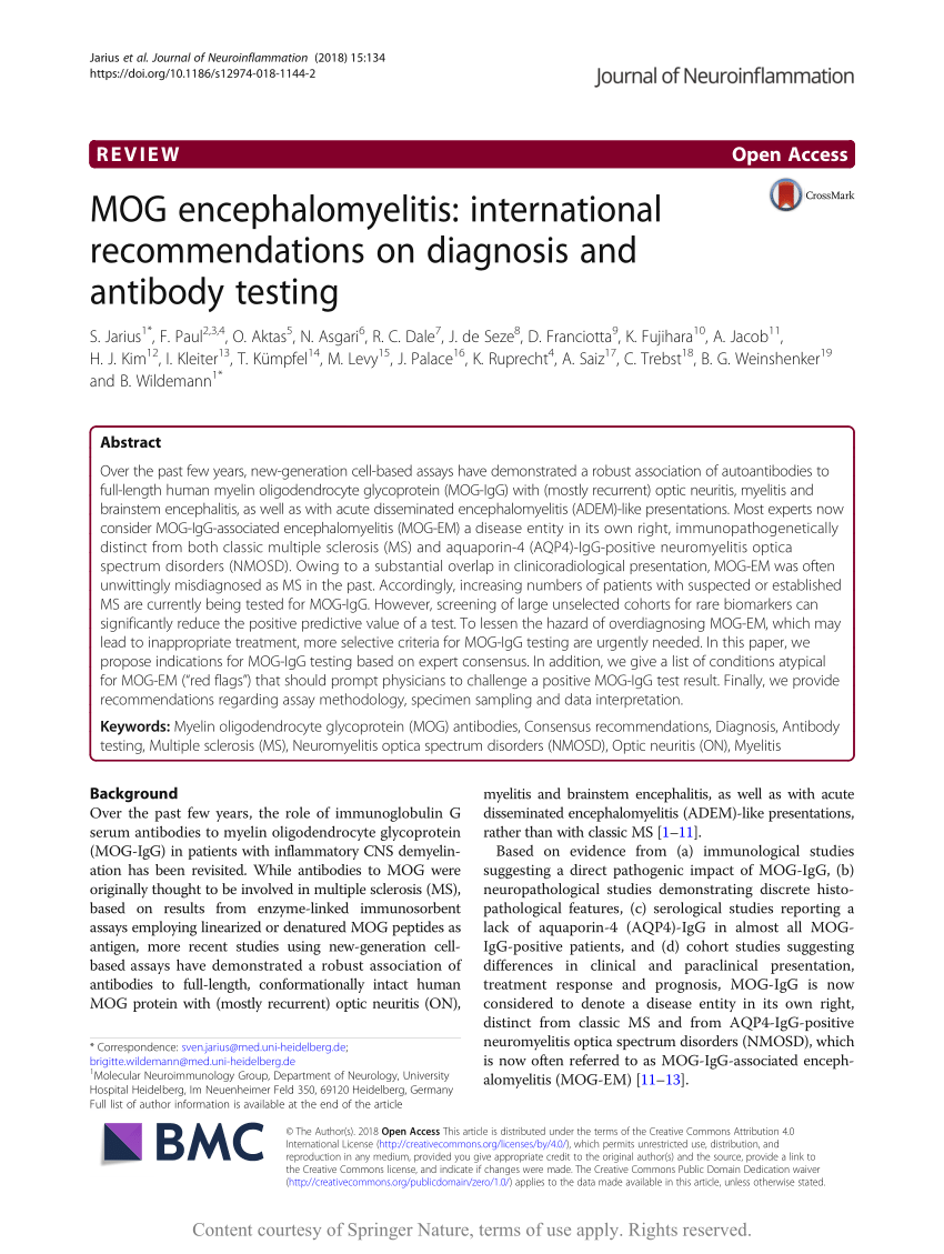 Pdf Mog Encephalomyelitis International Recommendations On Diagnosis And Antibody Testing