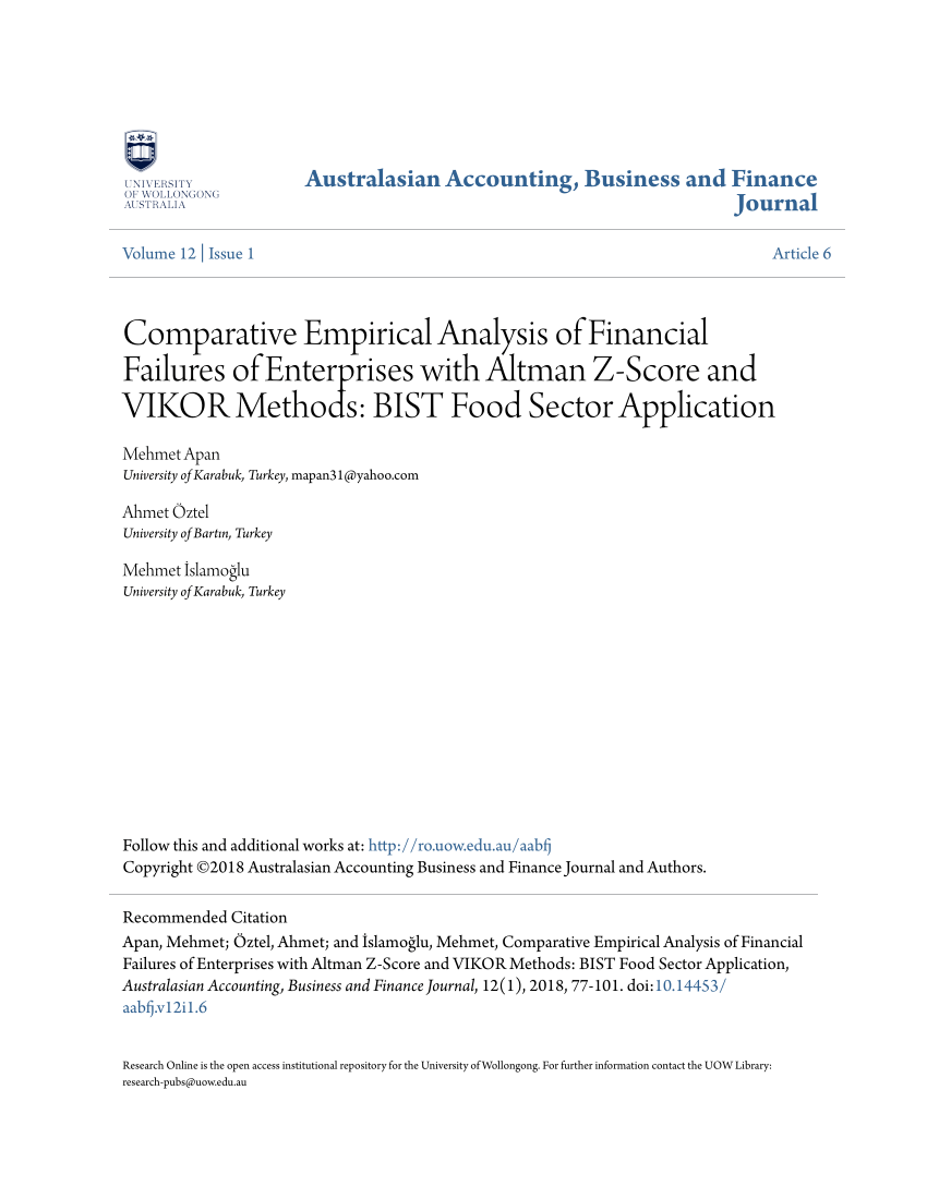 PDF) Comparative Empirical Analysis of Financial Failures of Enterprises  with Altman Z-Score and VIKOR Methods: BIST Food Sector Application