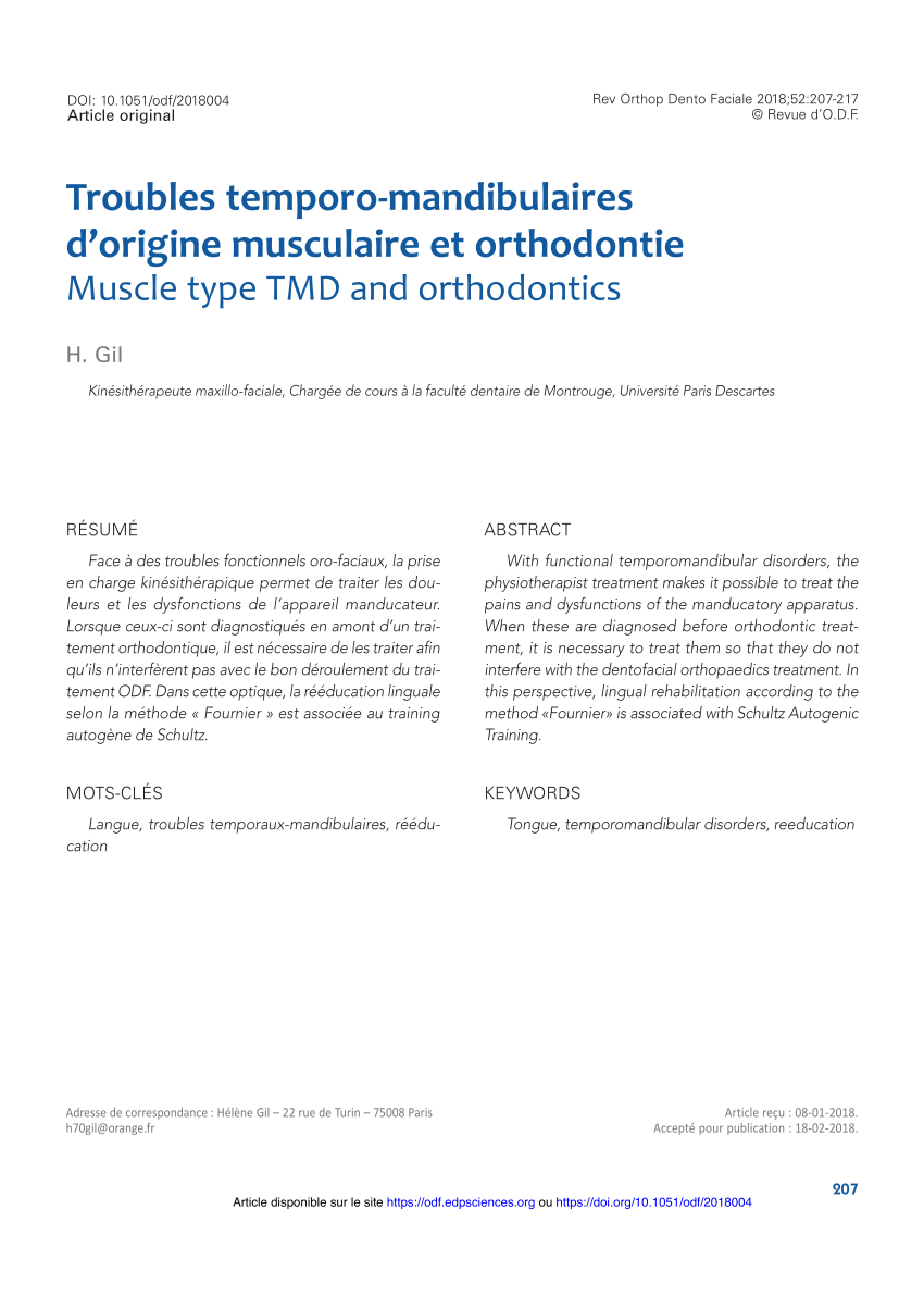 Pdf Troubles Temporo Mandibulaires D Origine Musculaire Et Orthodontie