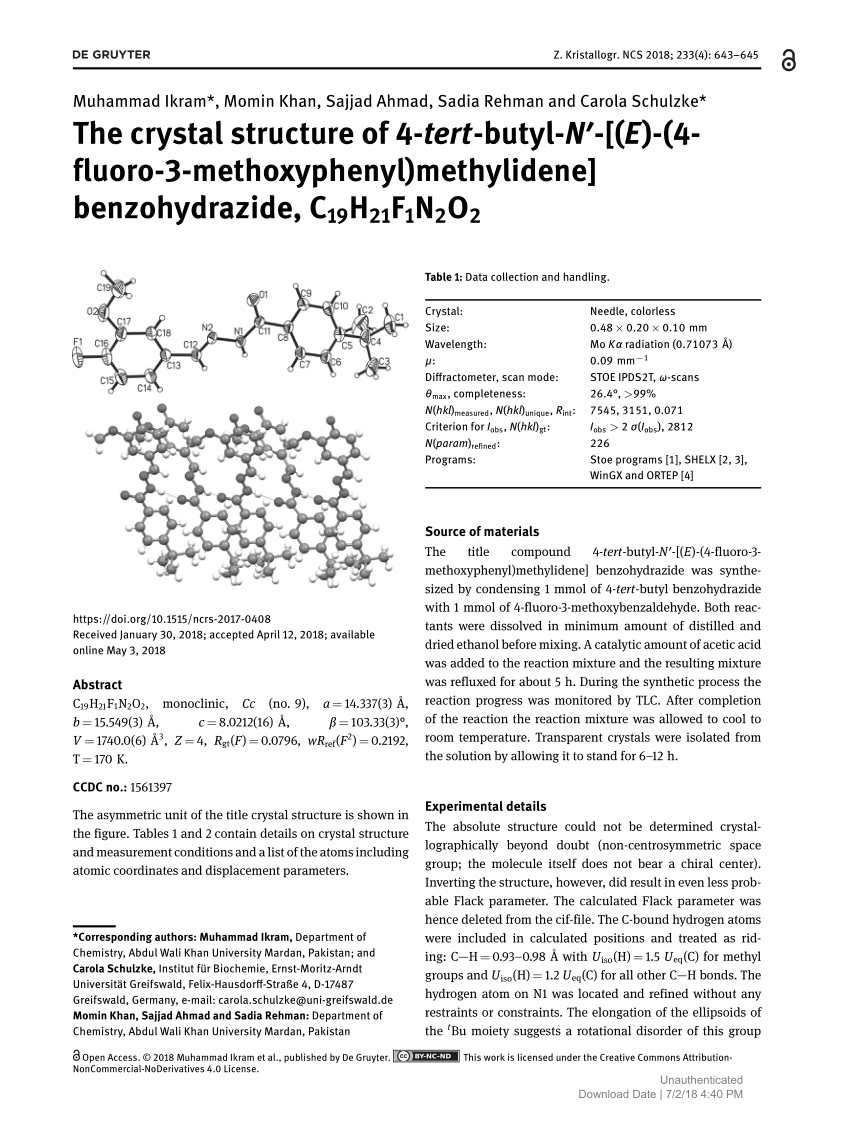 Pdf The Crystal Structure Of 4 Tert Butyl N E 4 Fluoro 3 Methoxyphenyl Methylidene Benzohydrazide C19h21f1n2o2