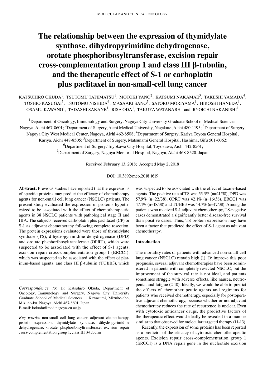 Pdf The Relationship Between The Expression Of Thymidylate Synthase Dihydropyrimidine Dehydrogenase Orotate Phosphoribosyltransferase Excision Repair Cross Complementation Group 1 And Class Iii B Tubulin And The Therapeutic Effect Of S 1 Or