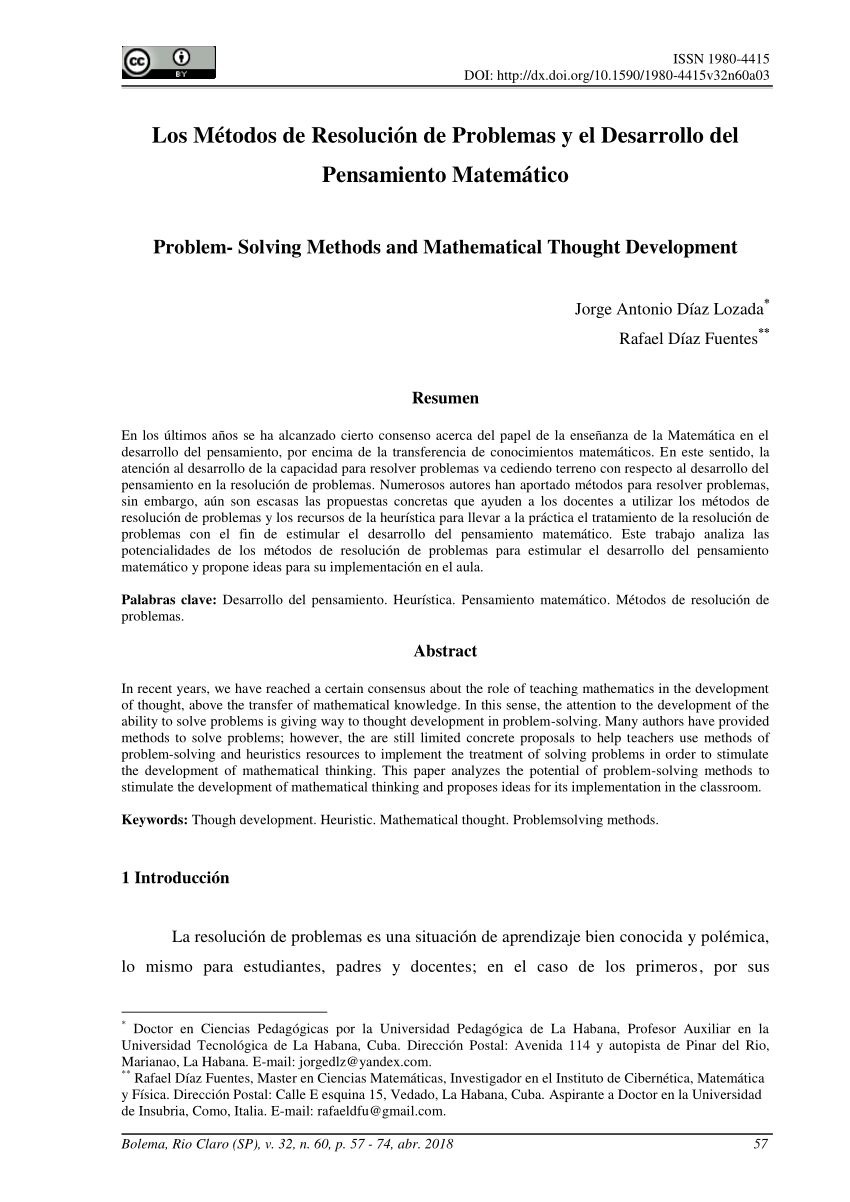 PDF) Los Métodos de Resolución de Problemas y el Desarrollo del Pensamiento  Matemático