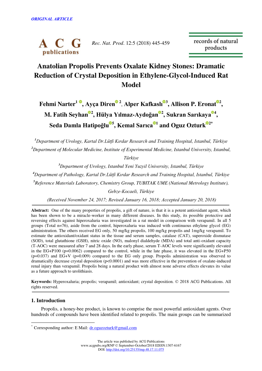 pdf anatolian propolis prevents oxalate kidney stones dramatic reduction of crystal deposition in ethylene glycol induced rat model