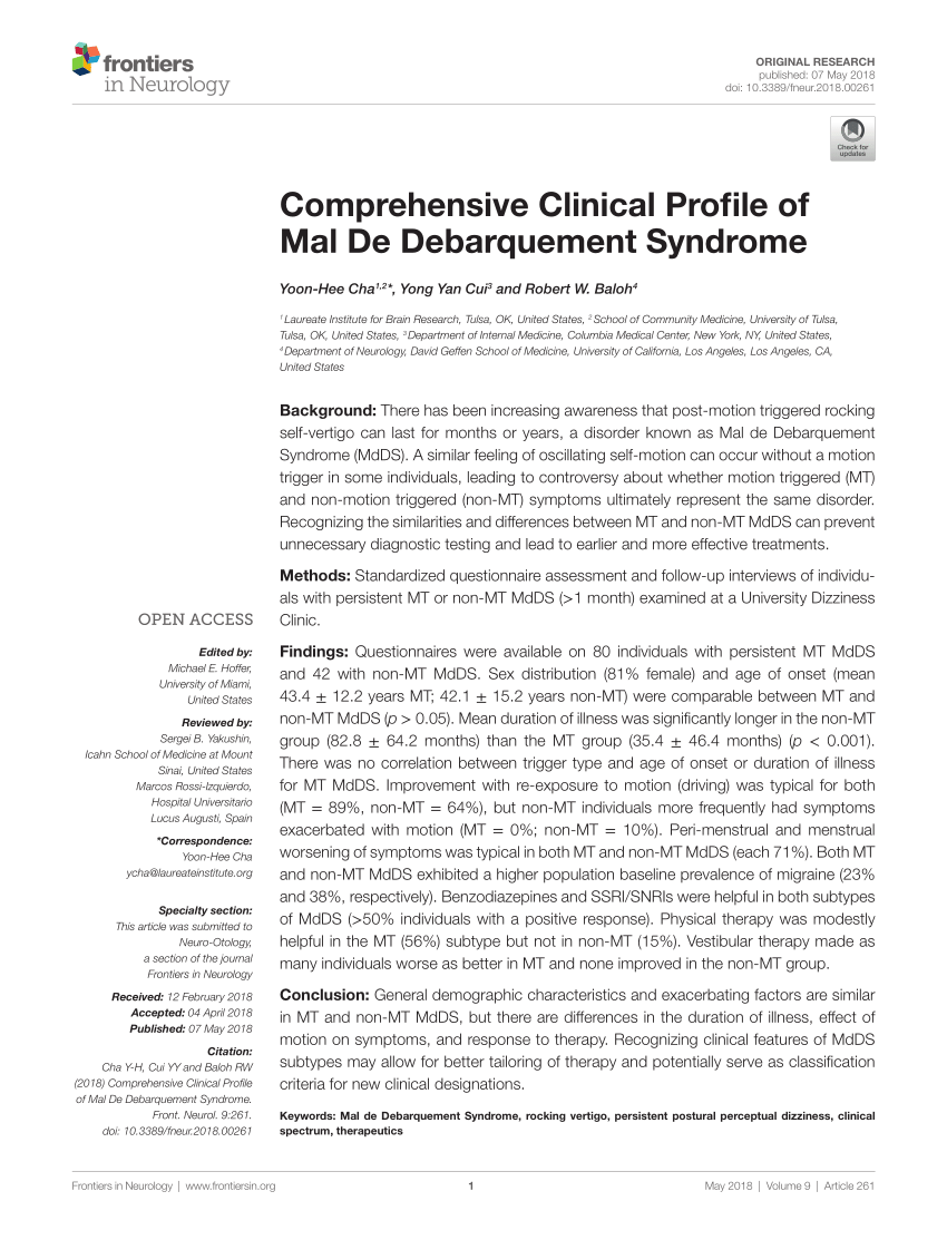 PDF Comprehensive Clinical Profile of Mal De Debarquement Syndrome