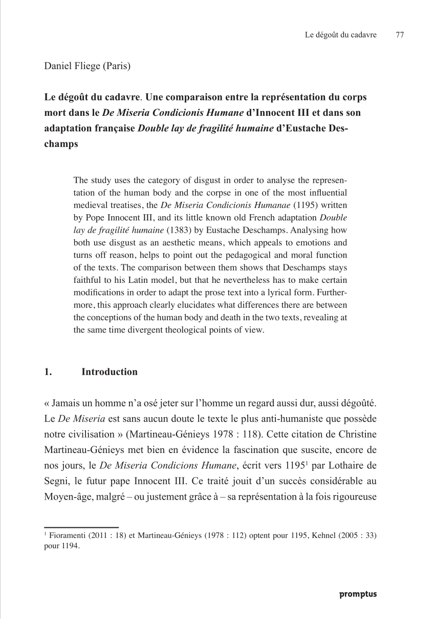 Pdf Le Degout Du Cadavre Une Comparaison Entre La Representation Du Corps Mort Dans Le De Miseria Condicionis Humane D Innocent Iii Et Dans Son Adaptation Francaise Double Lay De Fragilite Humaine D Eustache