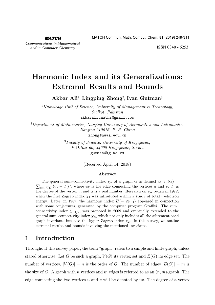 Pdf Harmonic Index And Its Generalizations Extremal Results And Bounds