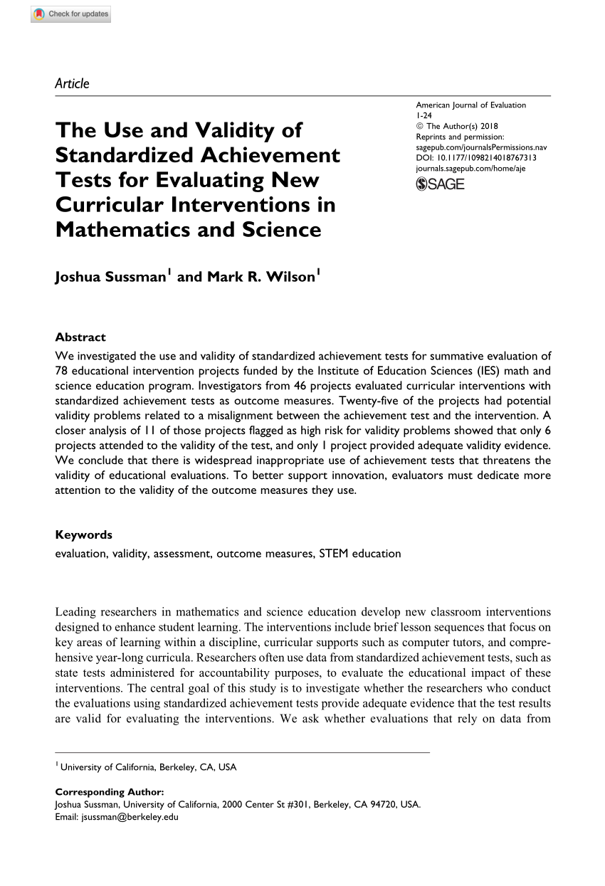 Pdf The Use And Validity Of Standardized Achievement Tests For Evaluating New Curricular Interventions In Mathematics And Science