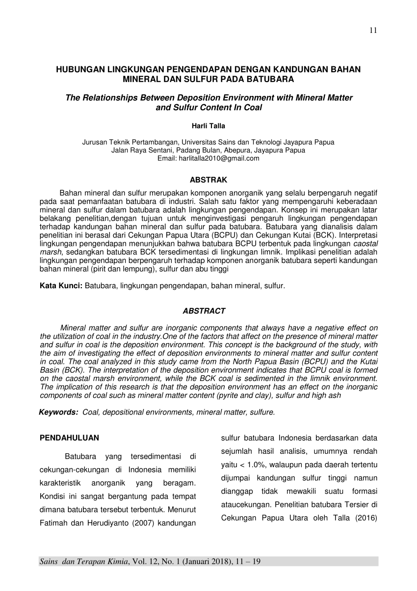 Pdf Hubungan Lingkungan Pengendapan Dengan Kandungan Mineral Matter Dan Sulfur Pada Batubara 0394