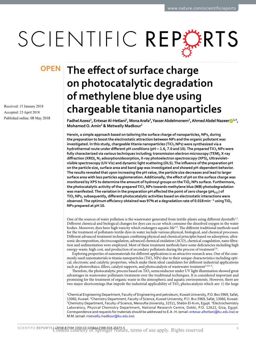 Pdf The Effect Of Surface Charge On Photocatalytic Degradation Of Methylene Blue Dye Using Chargeable Titania Nanoparticles