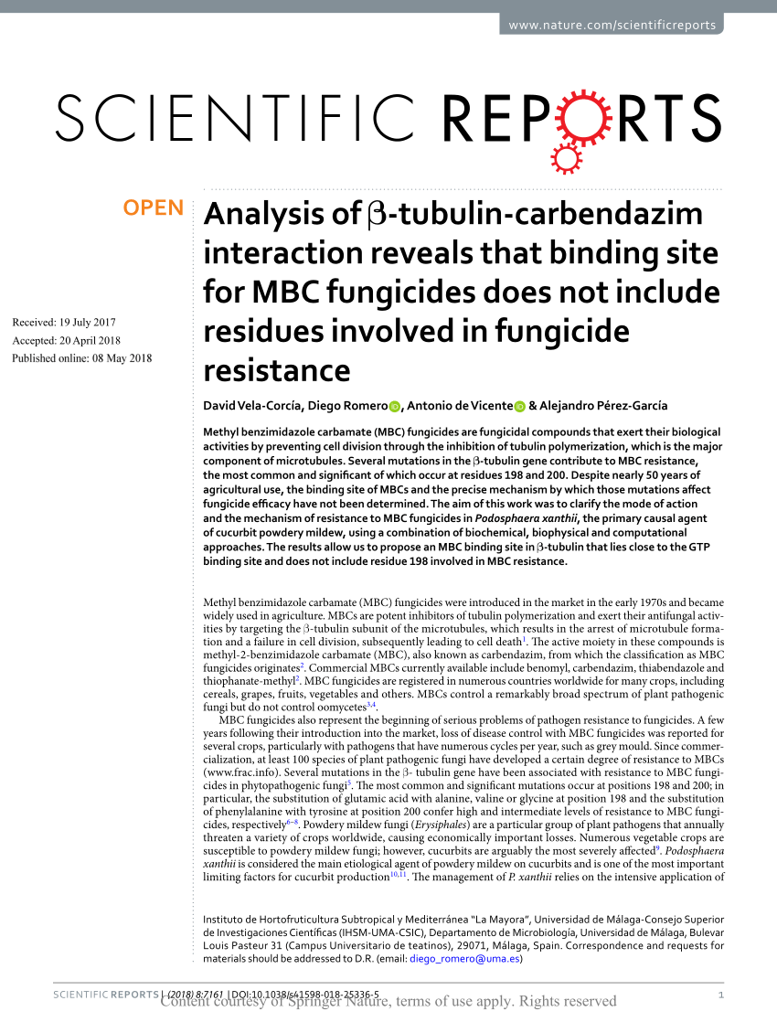 Pdf Analysis Of B Tubulin Carbendazim Interaction Reveals That Binding Site For Mbc Fungicides Does Not Include Residues Involved In Fungicide Resistance