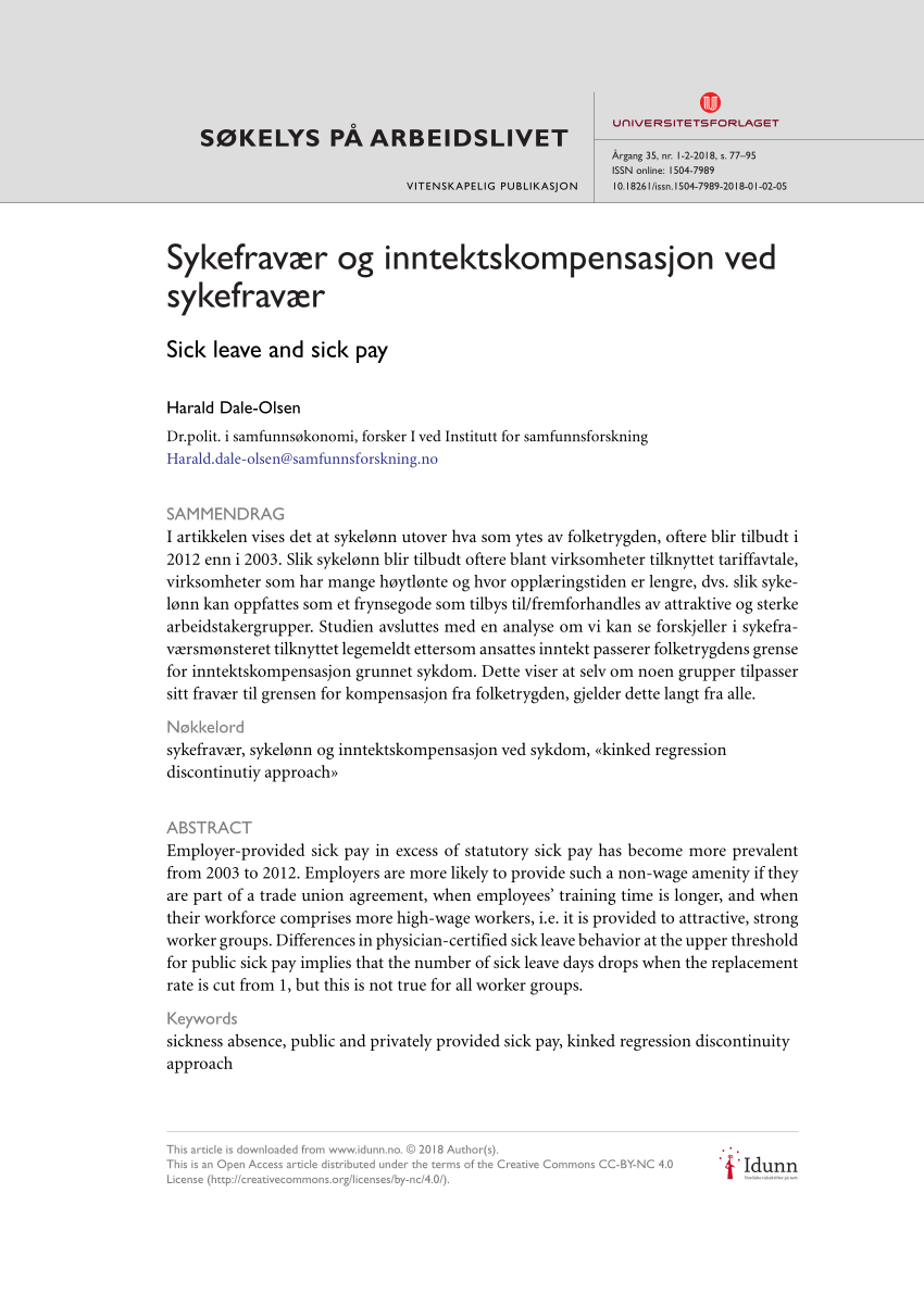 Pdf Sykefravaer Og Inntektskompensasjon Ved Sykefravaer