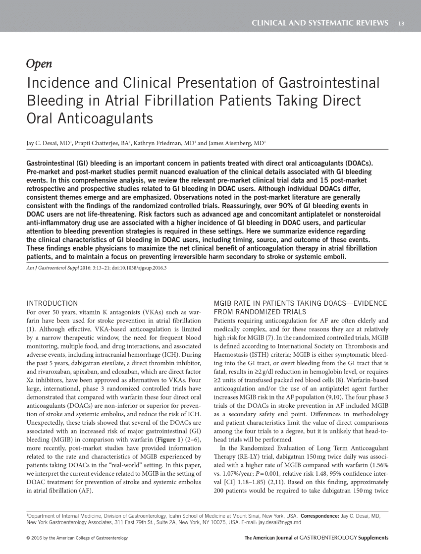 Pdf Incidence And Clinical Presentation Of Gastrointestinal Bleeding In Atrial Fibrillation Patients Taking Direct Oral Anticoagulants