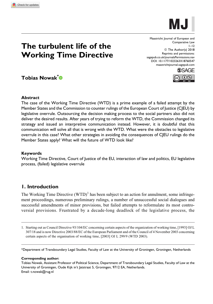 Pdf The Turbulent Life Of The Working Time Directive