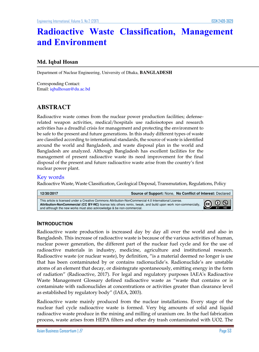 (PDF) Radioactive Waste Classification, Management and Environment