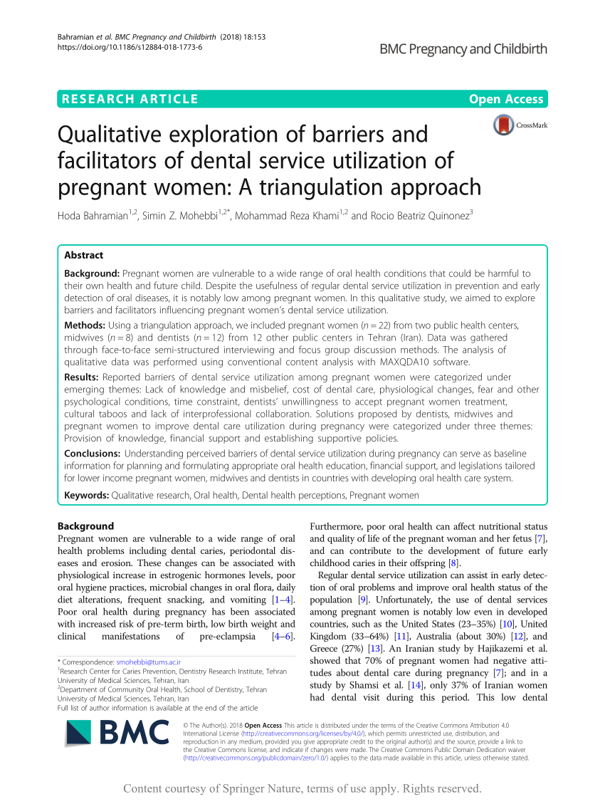 Pdf Qualitative Exploration Of Barriers And Facilitators Of Dental Service Utilization Of Pregnant Women A Triangulation Approach