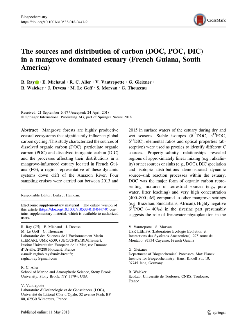 Pdf The Sources And Distribution Of Carbon Doc Poc Dic In A Mangrove Dominated Estuary French Guiana South America