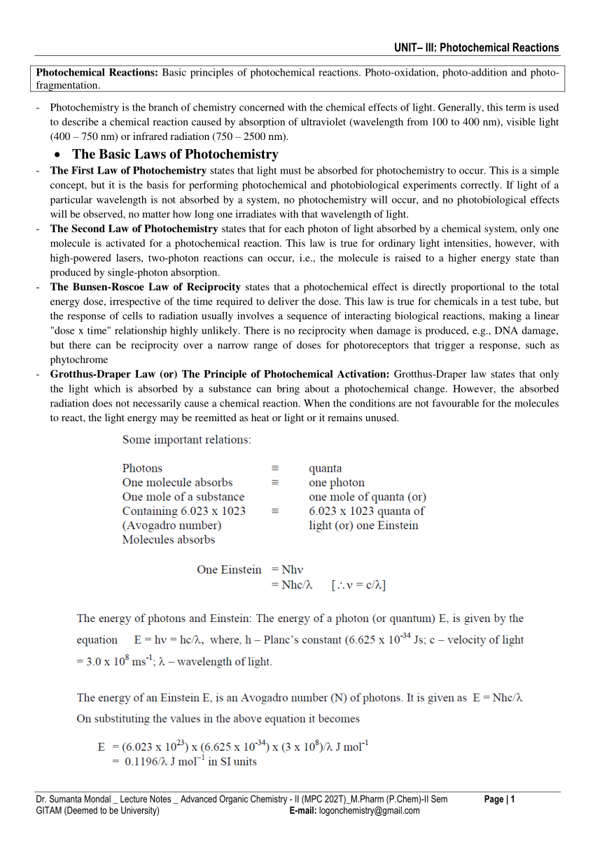 (PDF) UNIT-III: Photochemical Reactions