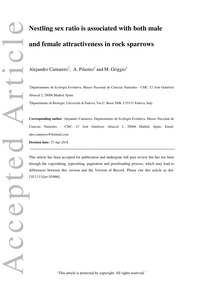 Pdf Nestling Sex Ratio Is Associated With Both Male And Female Attractiveness In Rock Sparrows
