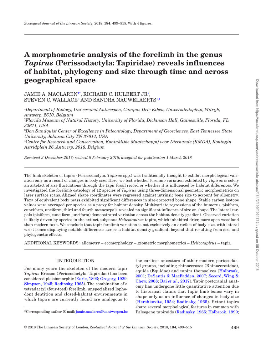 PDF) A morphometric analysis of the forelimb in the genus Tapirus 