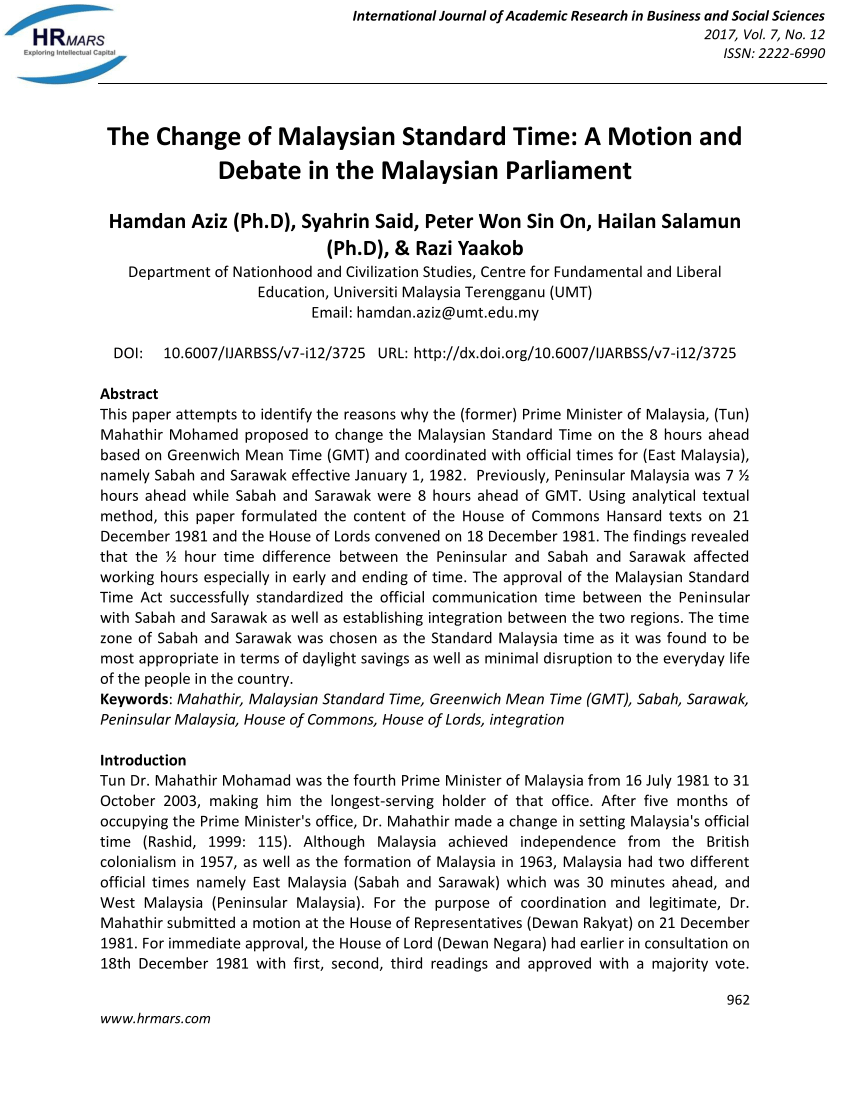 Pdf The Change Of Malaysian Standard Time A Motion And Debate In The Malaysian Parliament