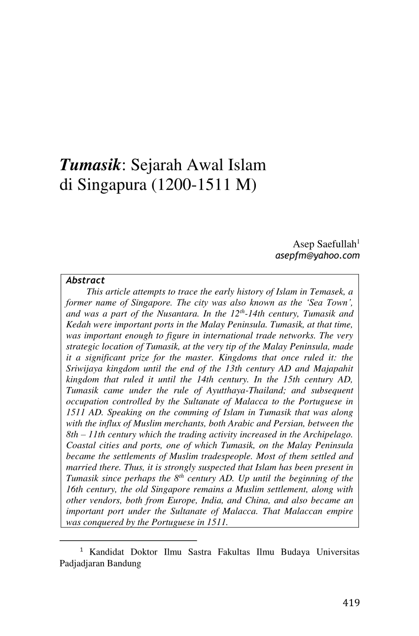 PDF Tumasik Sejarah Awal Islam Di Singapura 1200 1511 M