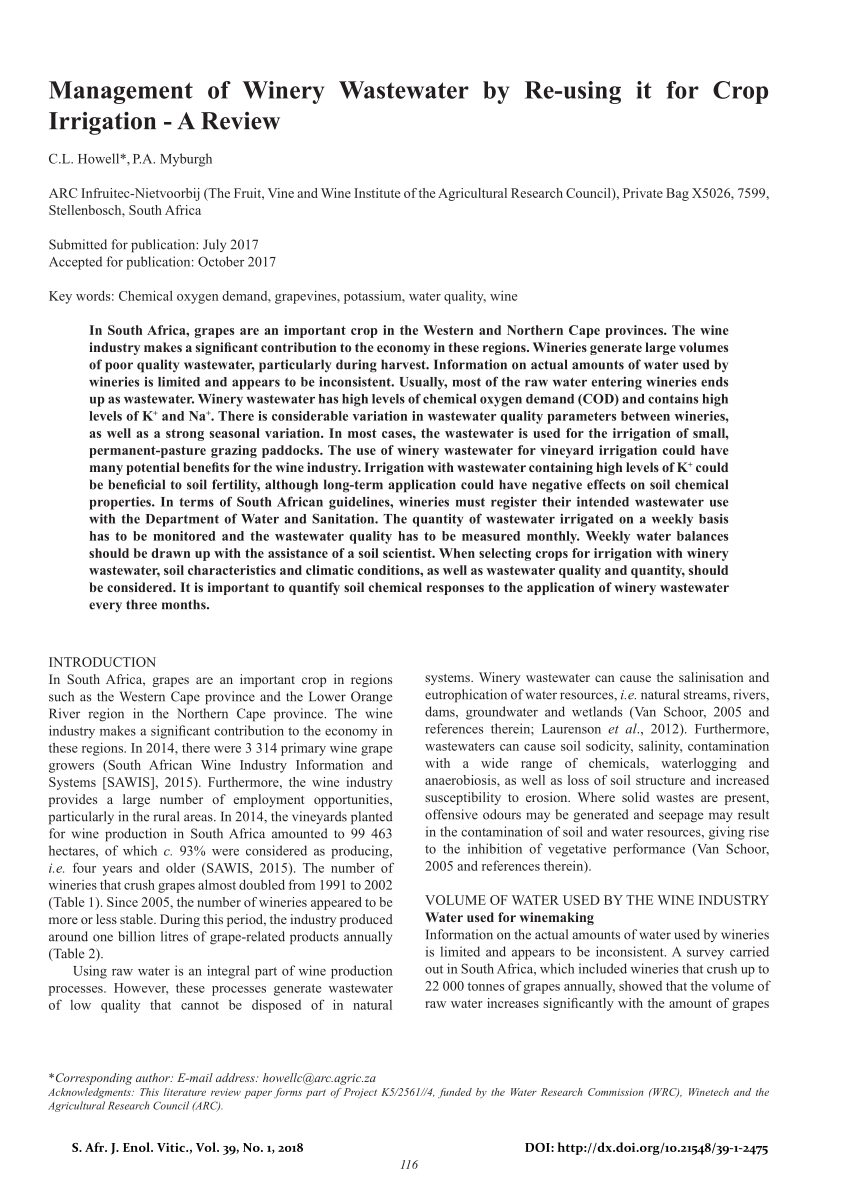 Pdf Management Of Winery Wastewater By Re Using It For Crop Irrigation A Review