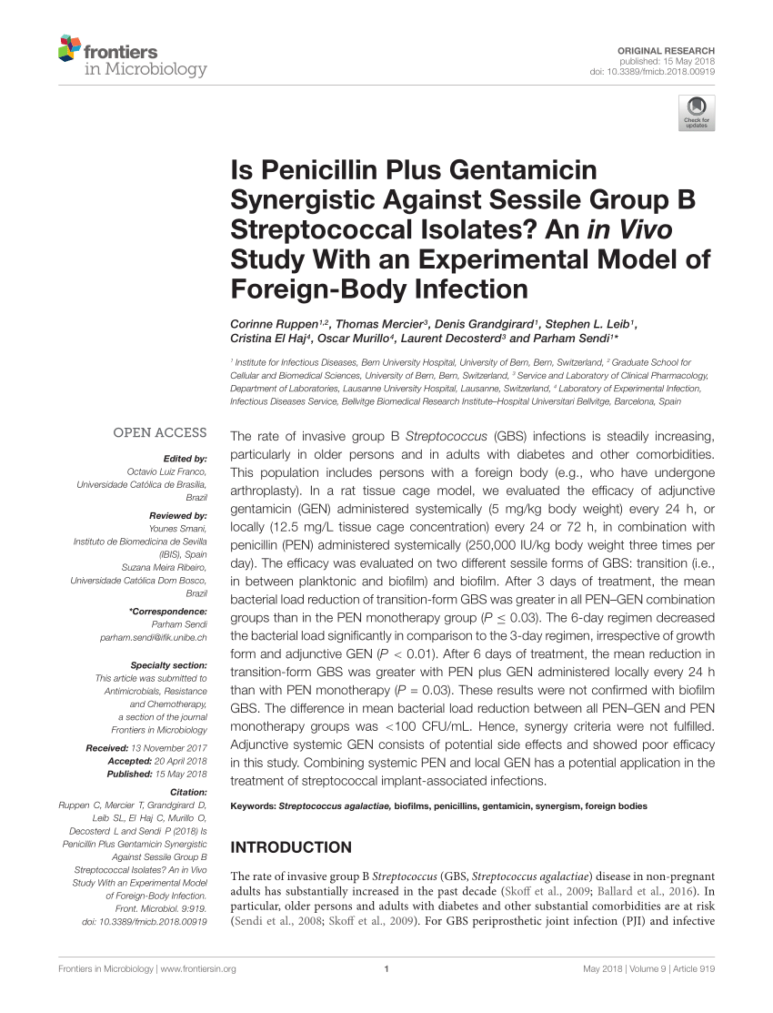 Pdf Is Penicillin Plus Gentamicin Synergistic Against Sessile Group B Streptococcal Isolates An In Vivo Study With An Experimental Model Of Foreign Body Infection