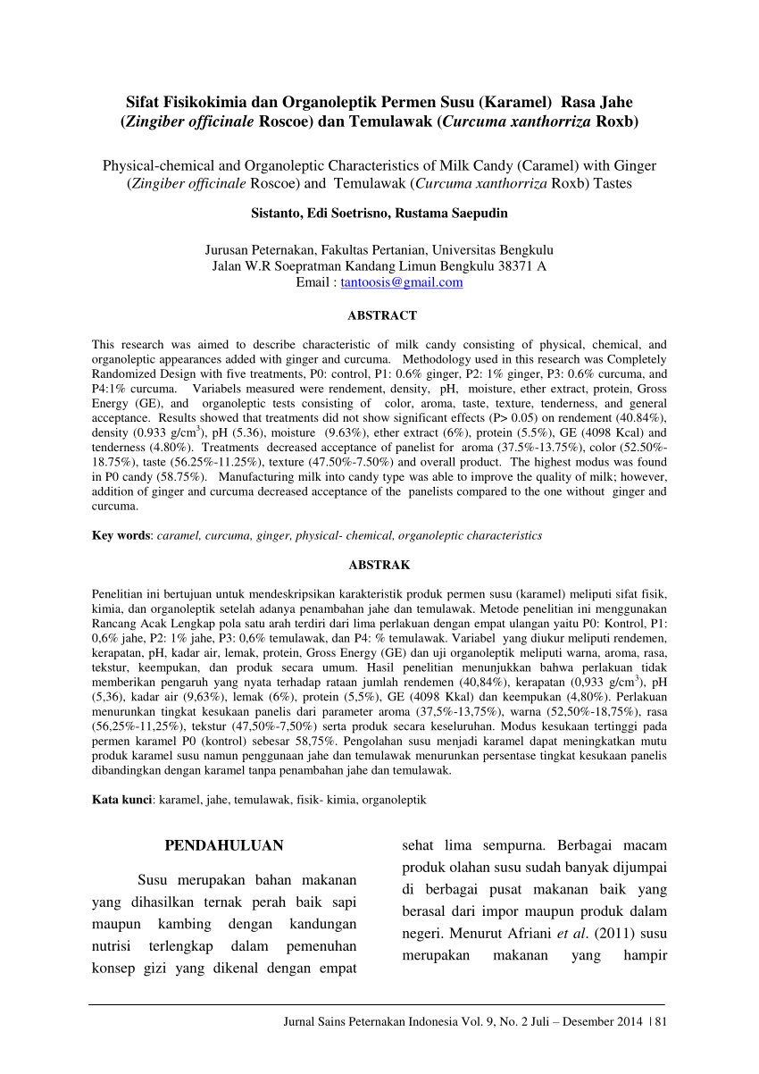 (PDF) Sifat Fisikokimia dan Organoleptik Permen Susu (Karamel) Rasa Jahe (Zingiber