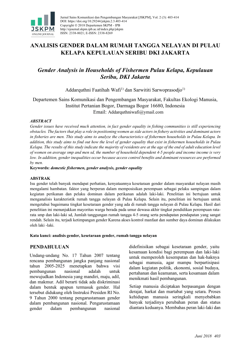 Pdf Analisis Gender Dalam Rumah Tangga Nelayan Di Pulau Kelapa